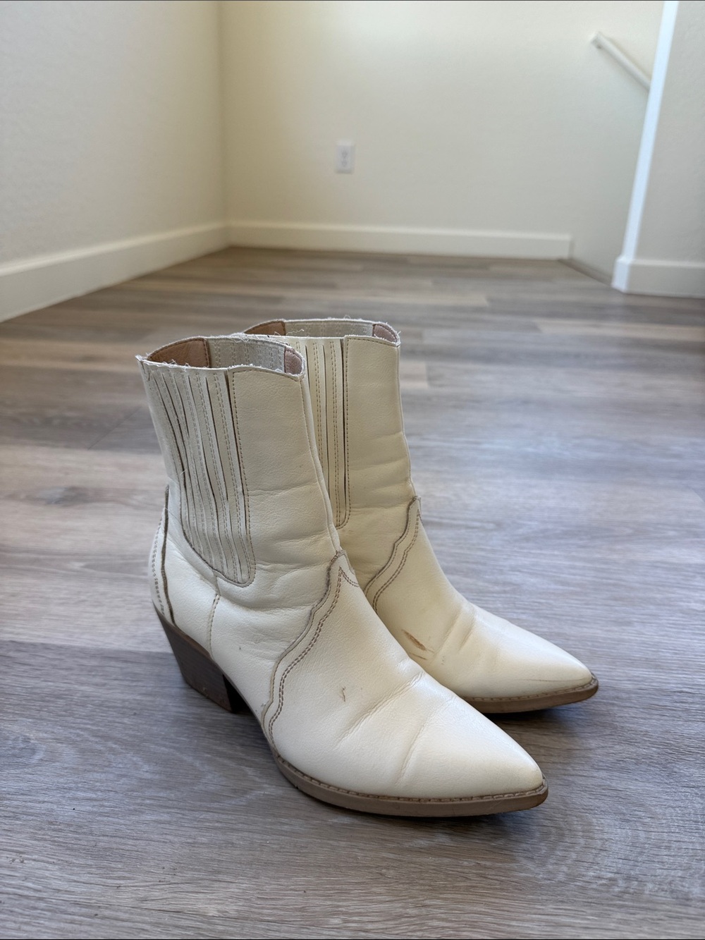 Cream Leather Western Ankle Boots for Women